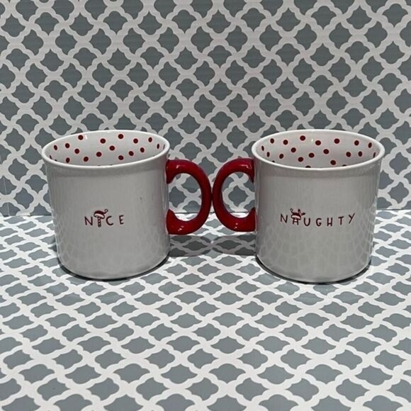 NOVOGRATZ Naughty & Nice White Ceramic Red Polka Dots Mugs 16 0z - Picture 2 of 5